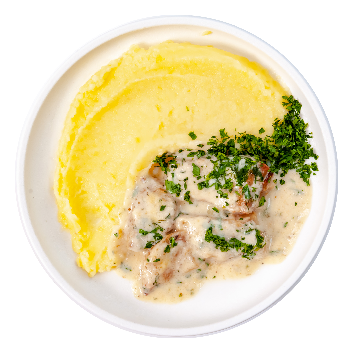 Белая рыба с копчеными сливками и картофельным пюре